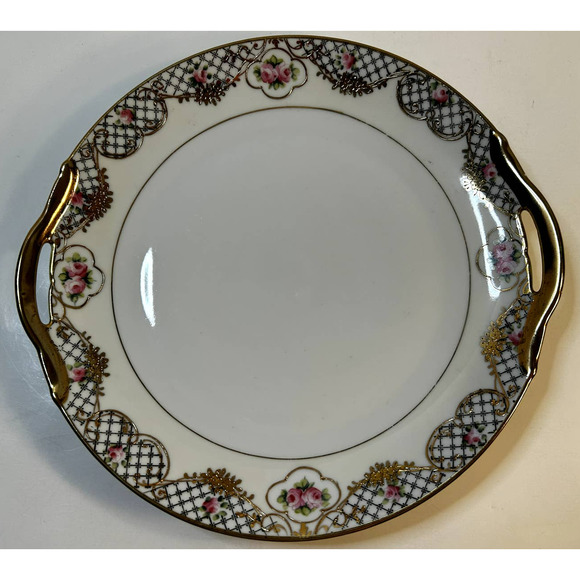 VTG Nippon Hand Painted Handled Cake Plate w/Pink Roses & Gold Accent Trim - Picture 2 of 5